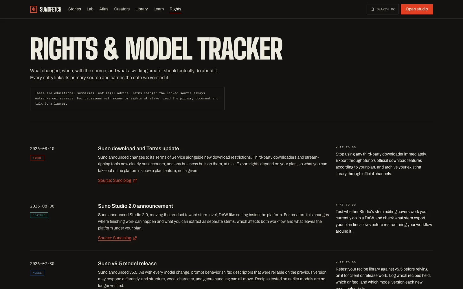 The Rights & Model Tracker on sunofetch.com