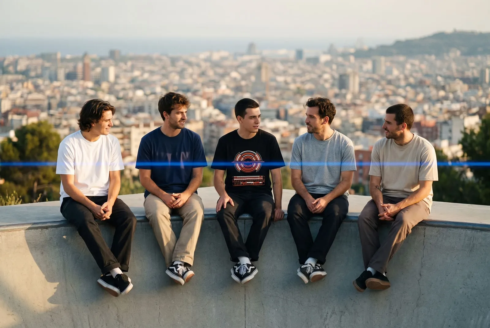 Five friends on a rooftop wearing DLM Fashion tees