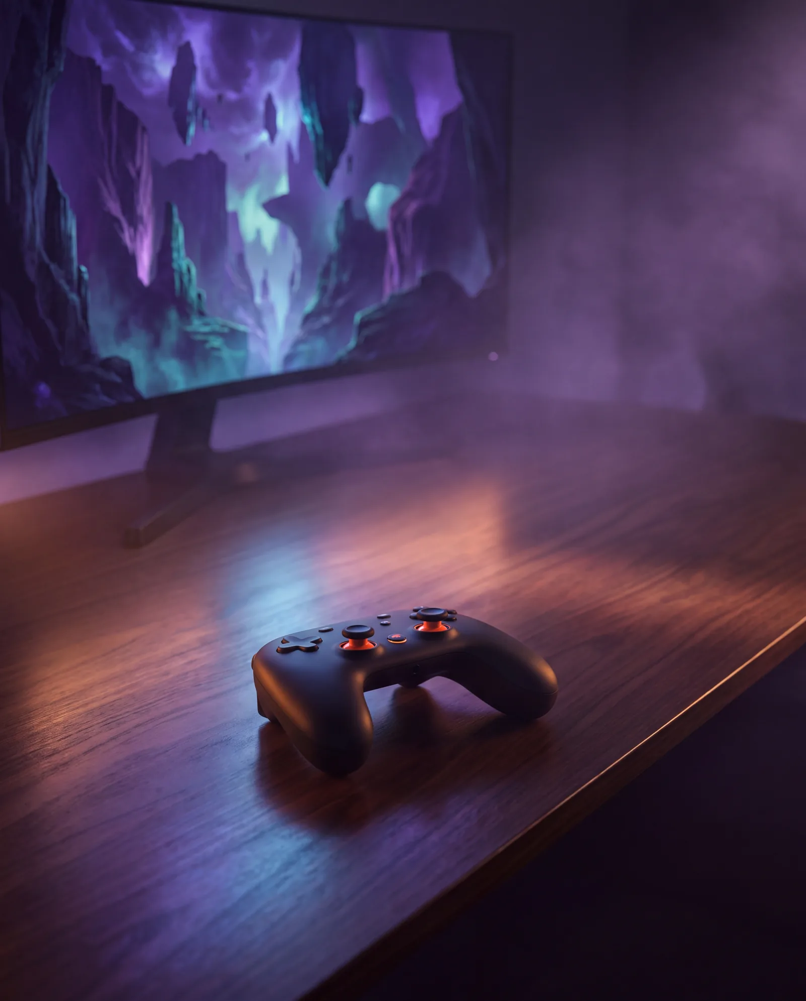 DLM Games: wireless game controller on a glossy desk in front of a monitor showing a fantasy game world