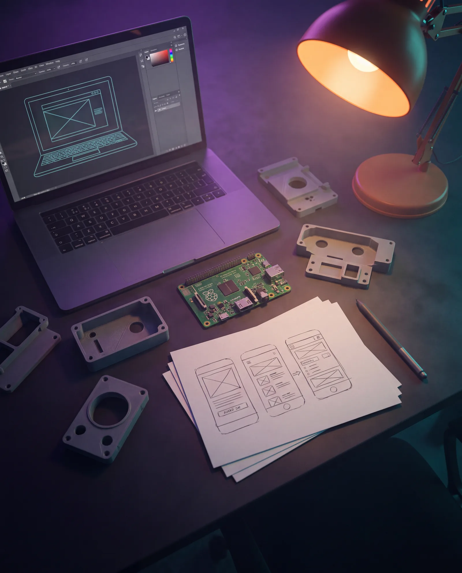 Prototyping desk with a laptop, circuit board, 3D-printed parts and wireframe sketches