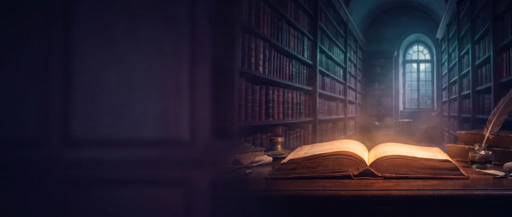 An open antique book glowing on a desk in a quiet library