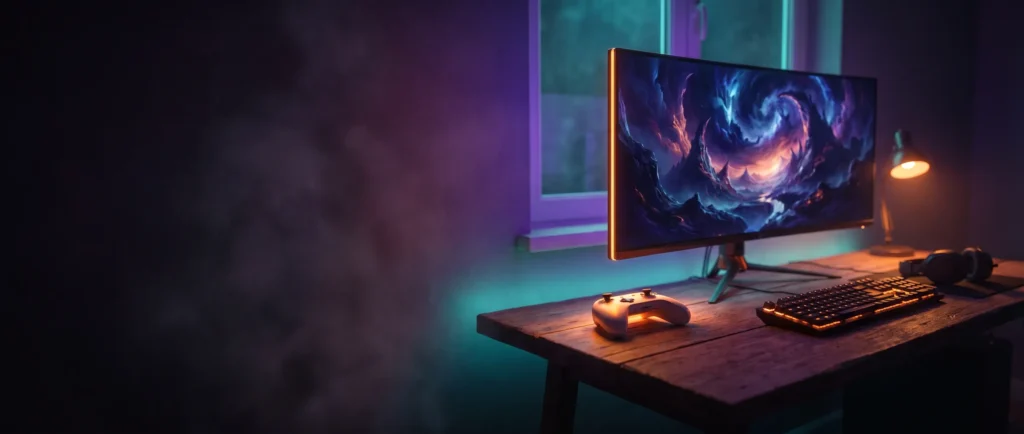 Gaming desk with a controller and an ultrawide monitor