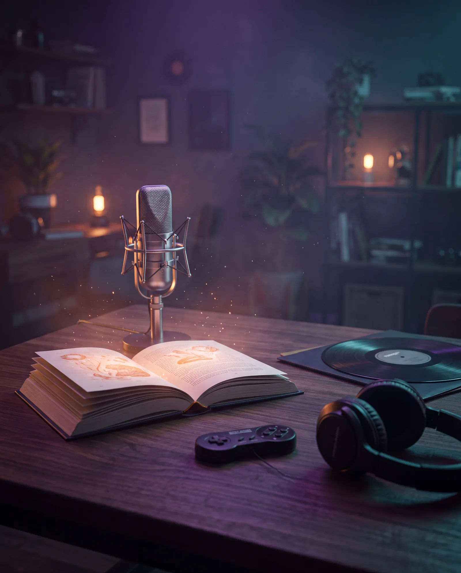 Studio still life with a vintage microphone, an open glowing book, a vinyl record, a game controller and headphones