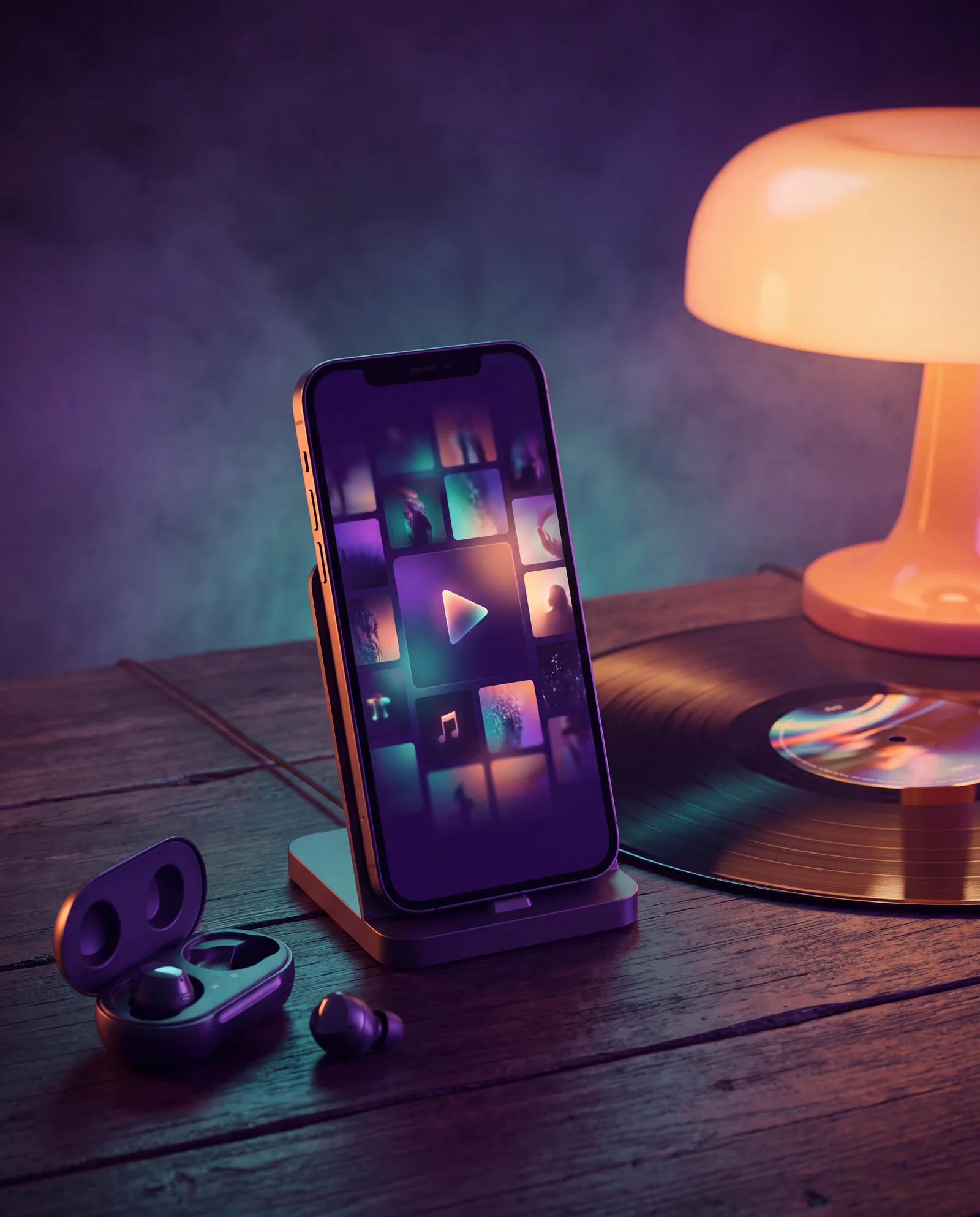 Smartphone showing a colorful music streaming interface beside earbuds and a vinyl record