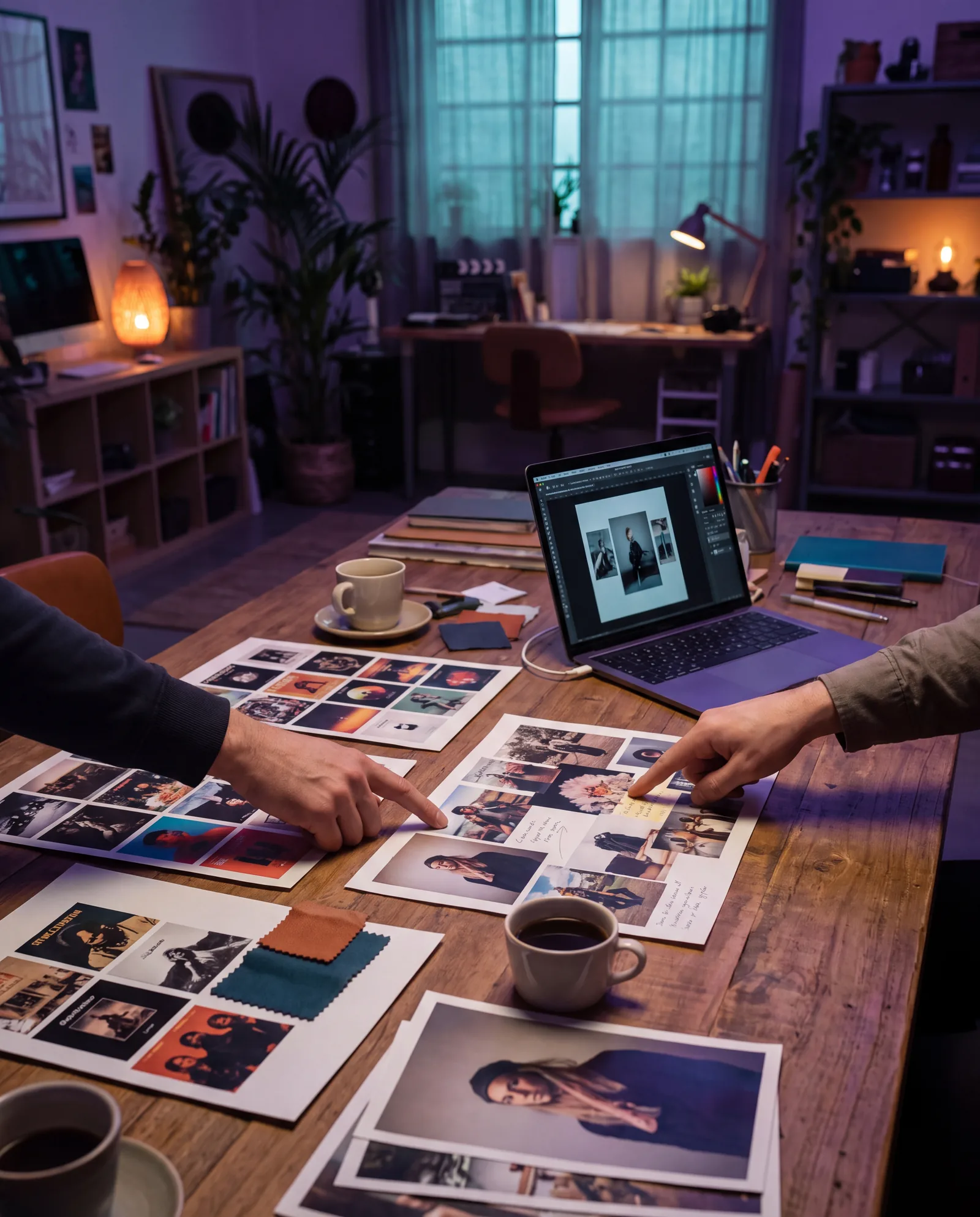 Brand partnership session with mood boards, album artwork and a laptop on a studio table