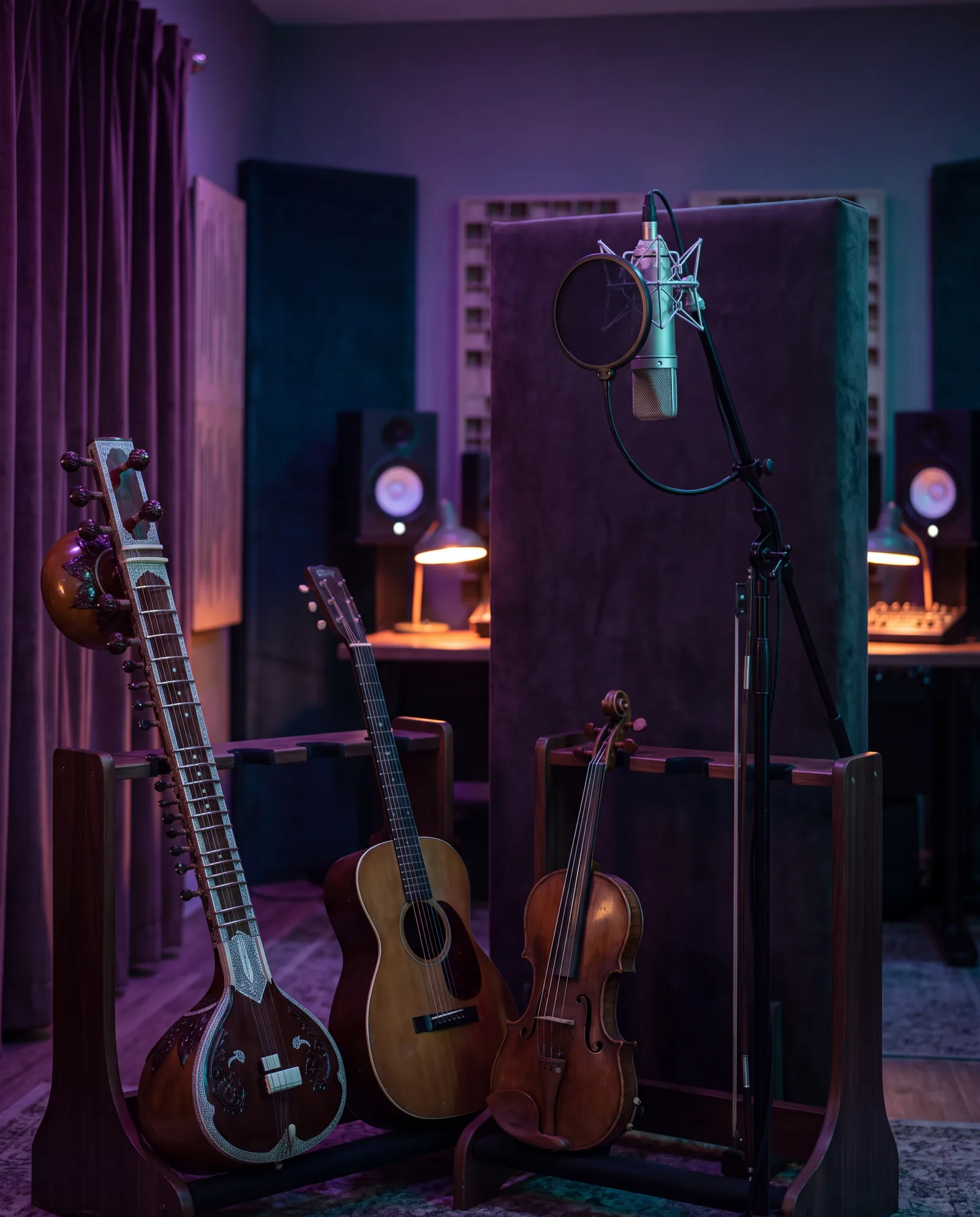 Recording studio with a sitar, acoustic guitar and violin beside a vintage microphone